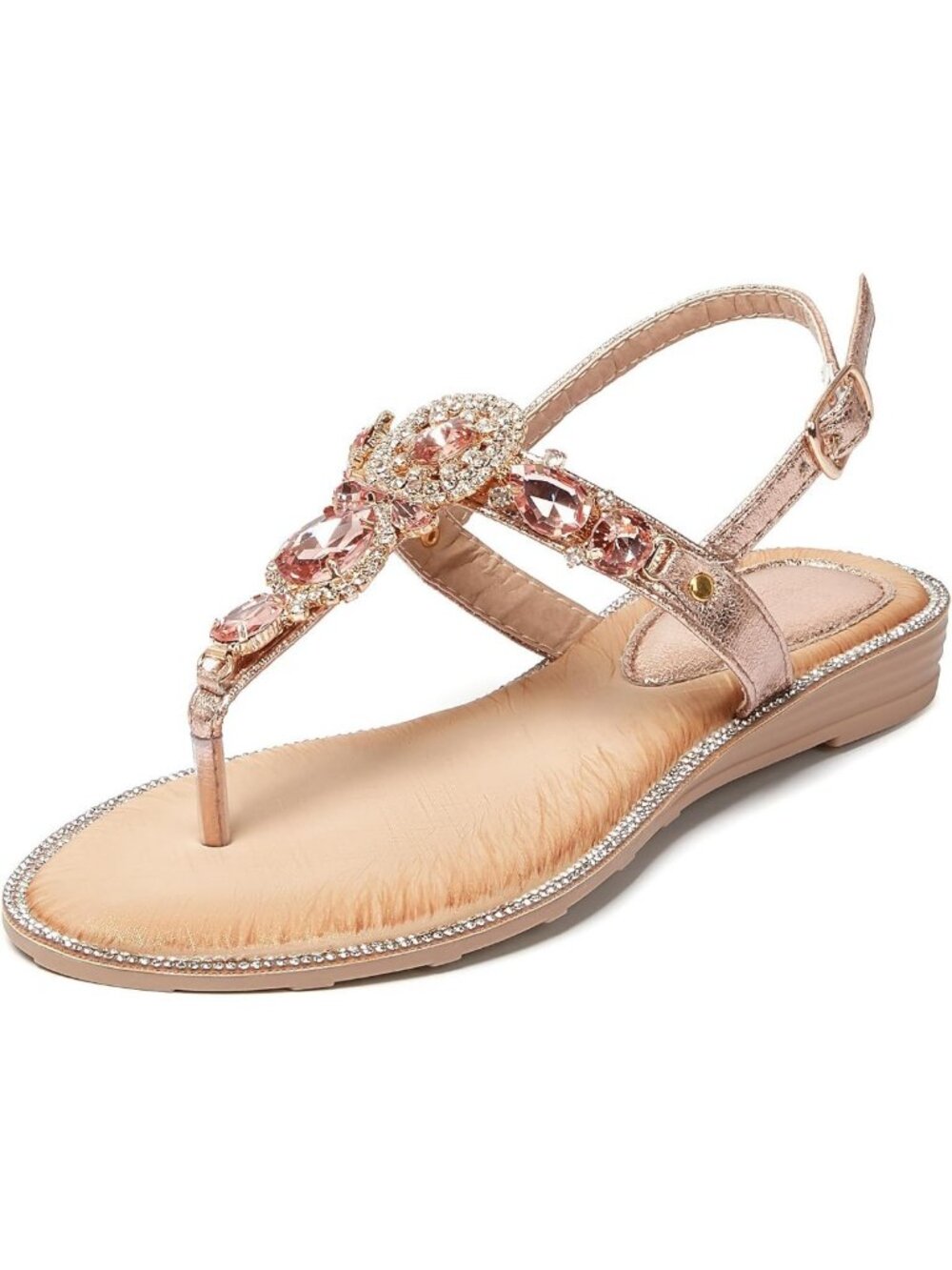 Rhinestone T-Strap Flat Sandals for Women with Adjustable Ankle Strap - Stylish